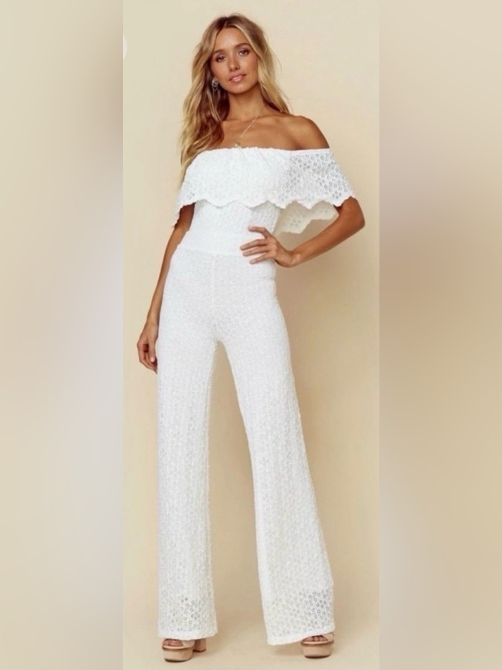 Nightcap clothing Wedding reception Off-Shoulder White Eyelet Wide-Leg Jumpsuit